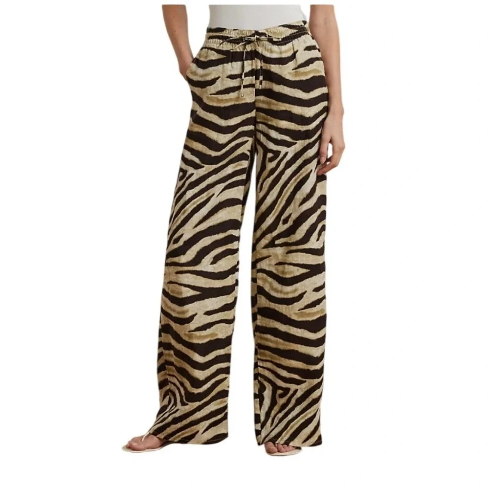 Lauren Ralph Lauren NWT SZ2P Zebra Print Wide Leg Pant Drawstring Bone chocolate - Picture 1 of 14